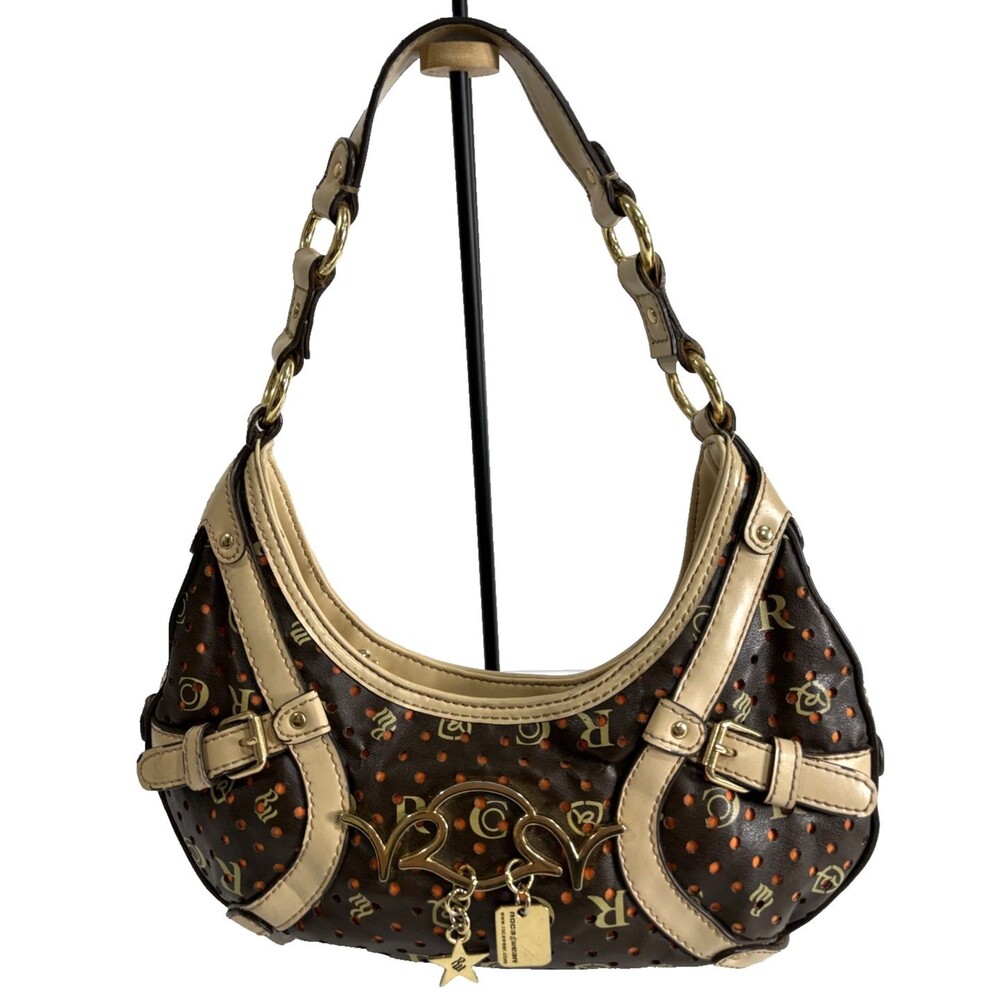 Rocawear Logo Monogram Mini Hobo Brown / Beige Leather Trim Hand Bag Purse